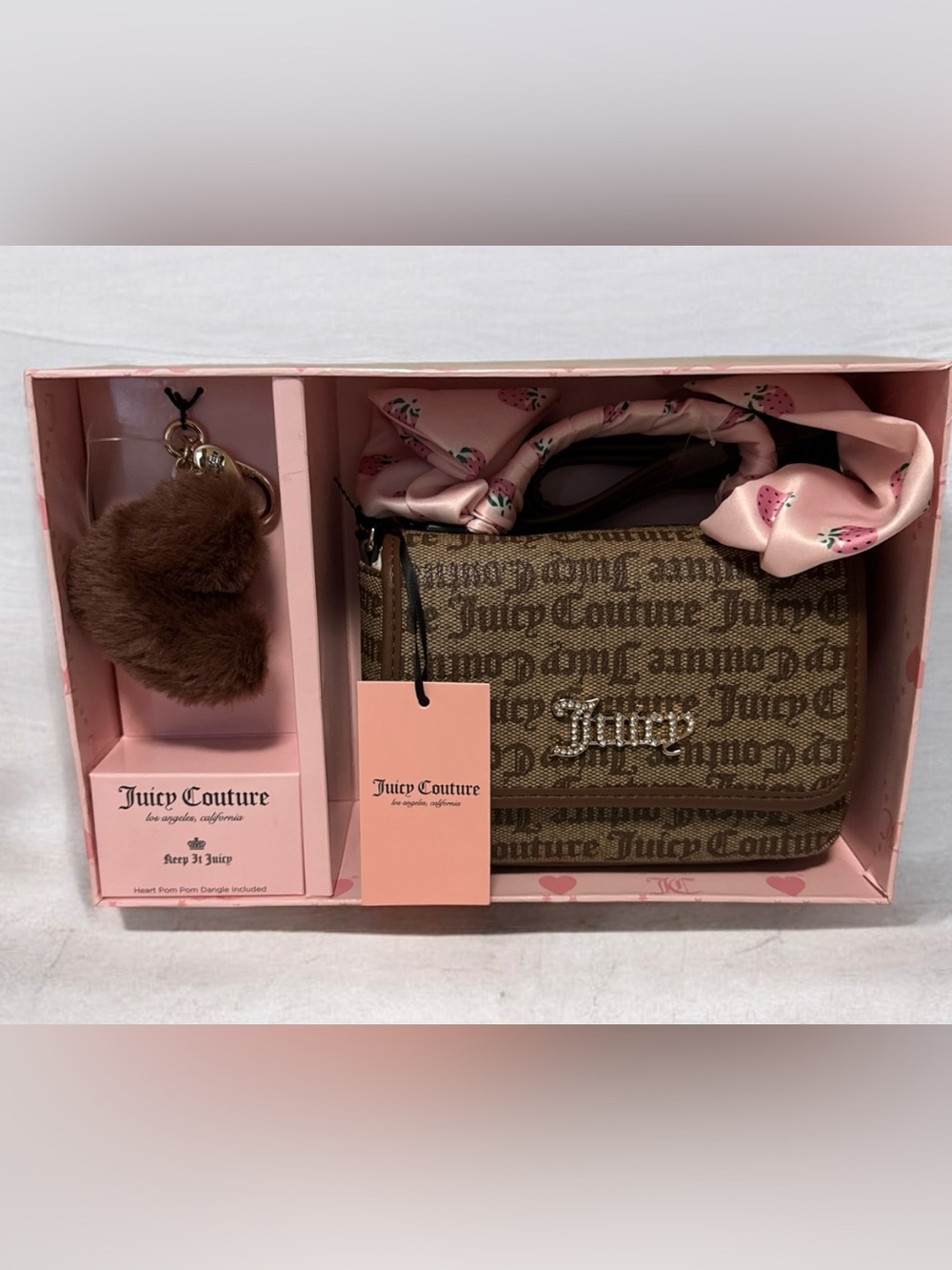 Juicy Couture Brown Faux Fur Pom Pom Keychain & Monogram Wallet Set
